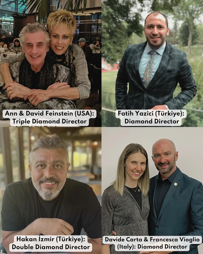 Top RAIN International leaders achieving Diamond ranks – Ann & David Feinstein (Triple Diamond), Fatih Yazici (Diamond), Hakan Izmir (Double Diamond), and Davide Carta & Francesca Vioglio (Diamond).