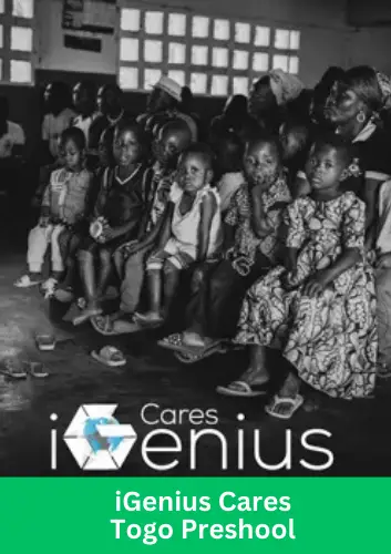 Children and families at the iGenius Cares preschool in Togo, Africa, celebrating the launch of a new educational initiative.