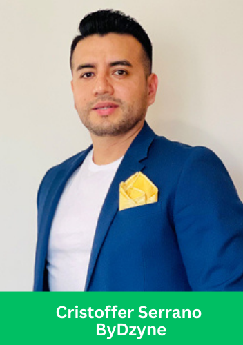 Cristoffer Serrano, 1-Star President at ByDzyne, wearing a blue blazer with a yellow pocket square.