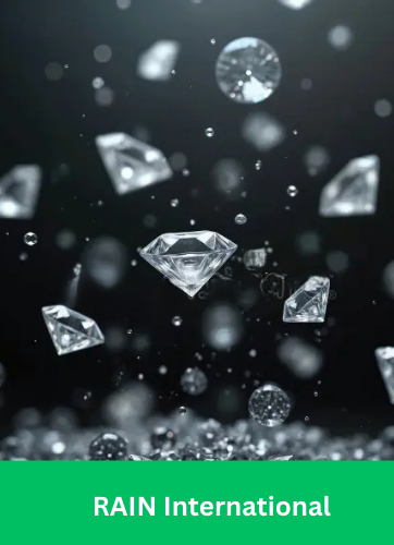 Shining diamonds falling in mid-air, representing RAIN International's success and achievements.
