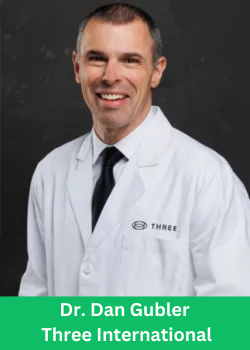 Dr. Dan Gubler wearing a white lab coat with the THREE International logo, representing innovation in health and wellness.