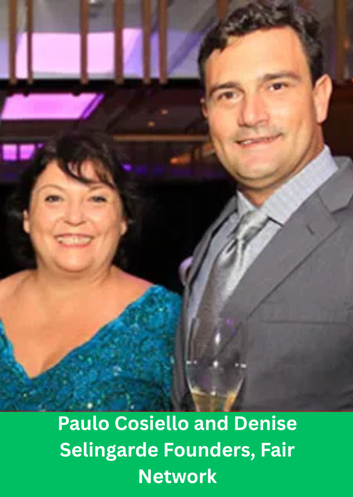 Paulo Cosiello and Denise Selingarde, founders of Fair Network, smiling at a formal event.