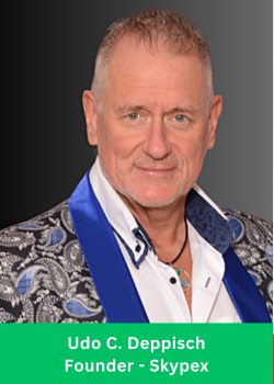 Udo C. Deppisch, Founder of Skypex, dressed in a patterned blazer and blue satin trim