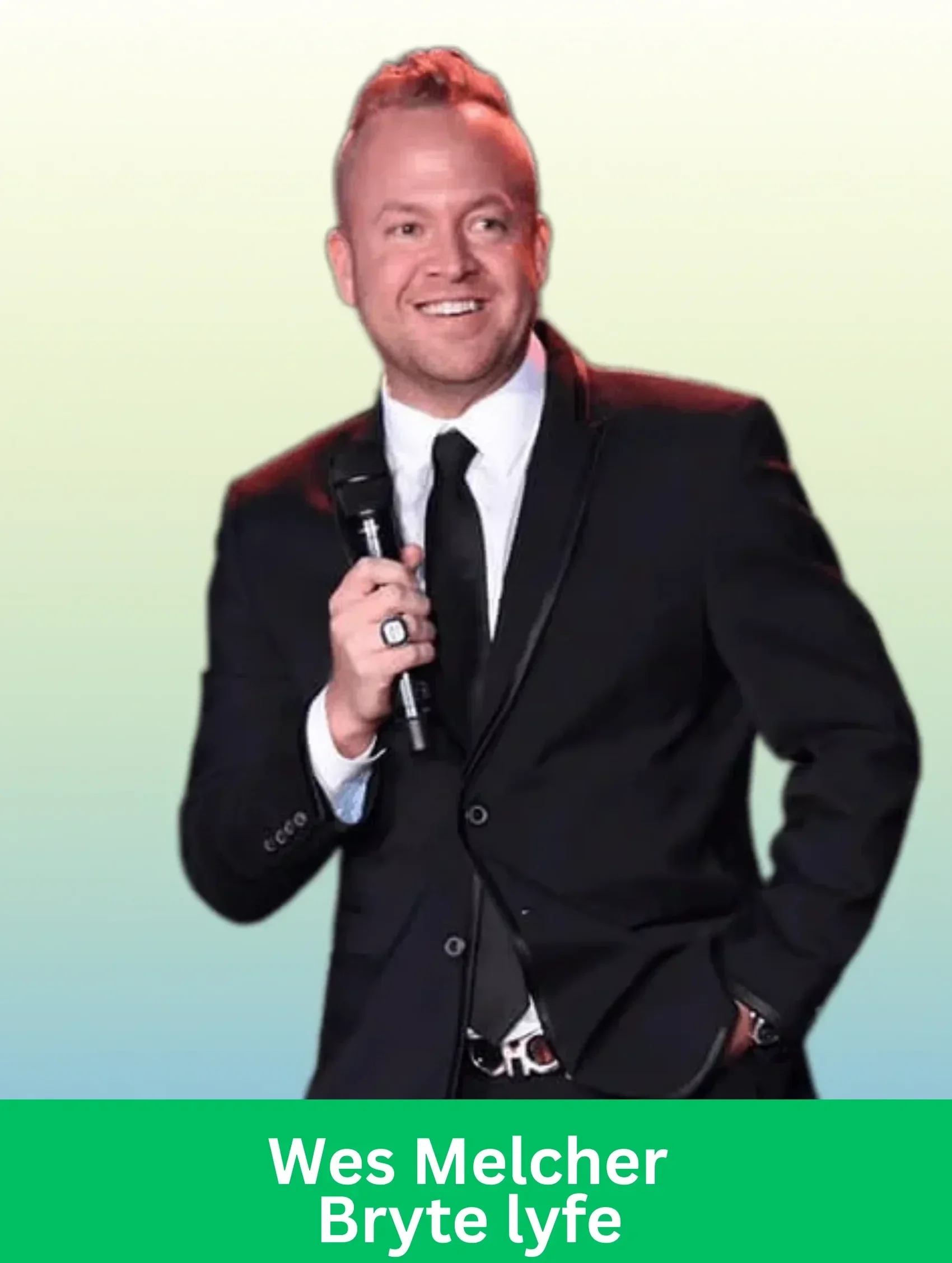 Wes, a global leader at Bryte Lyfe, speaking confidently on stage in a black suit holding a microphone