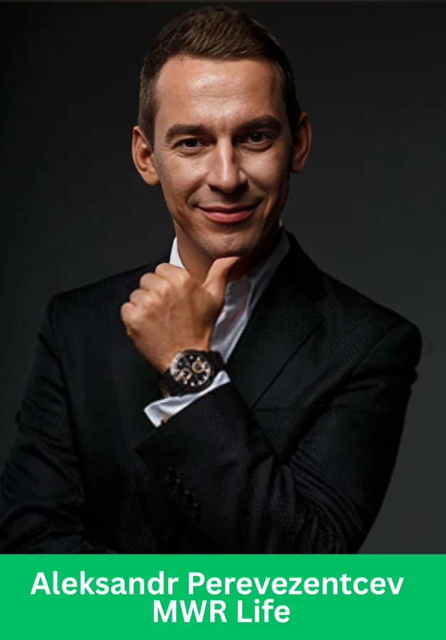 Aleksandr Perevezentcev MWR Life professional portrait, man in black suit with watch posing confidently