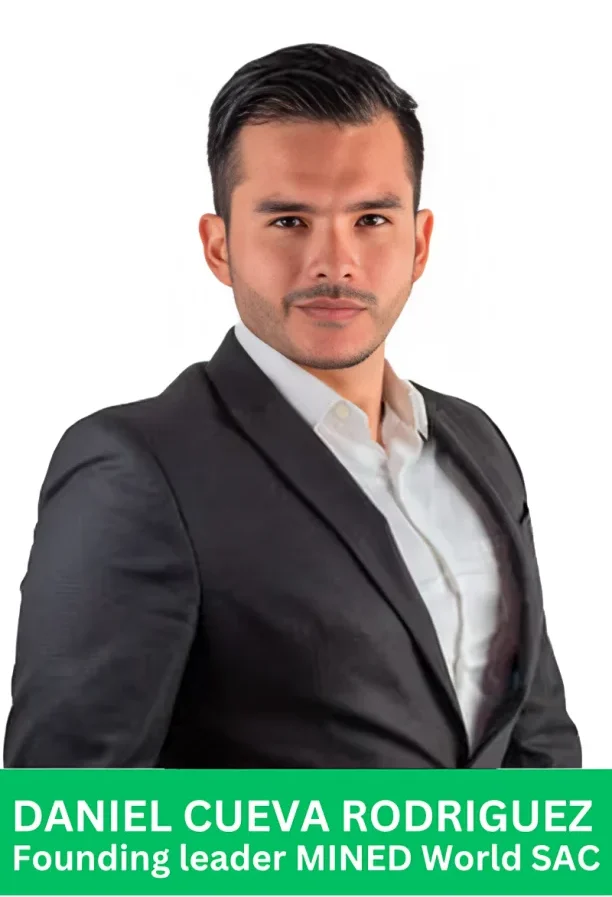Daniel Cueva Rodriguez, Founding Leader of MINED World SAC, wearing a black suit and white shirt