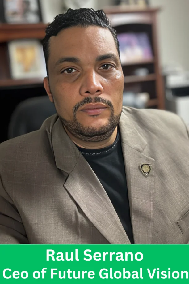 Raul Serrano, CEO of Future Global Vision, posing for a professional portrait in his office