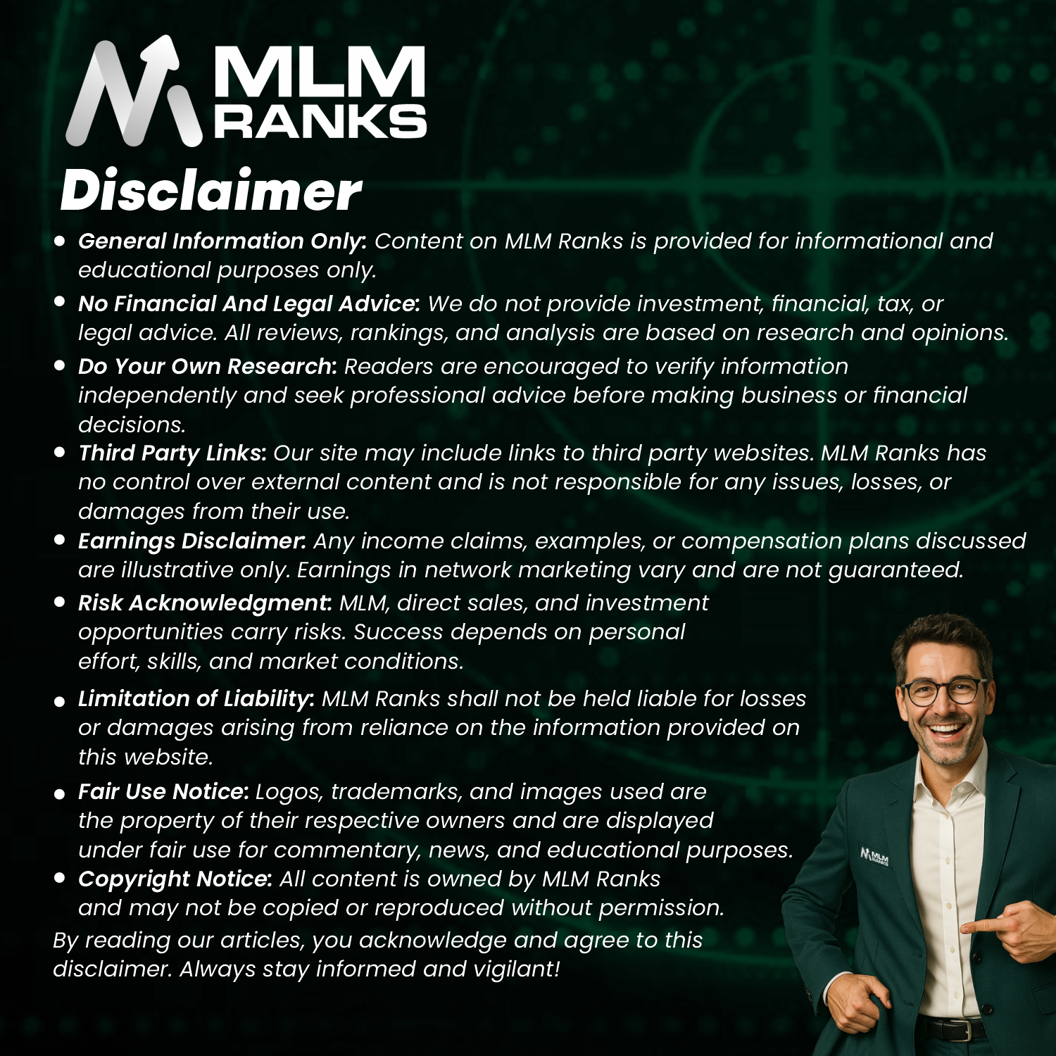 MLM Ranks YouTube channel disclaimer outlining general info, no financial advice, earnings disclaimer, and copyright notice.