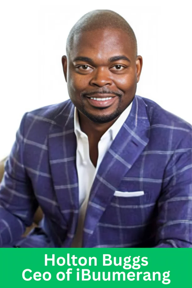 Holton Buggs, CEO of iBuumerang, wearing a blue checkered suit and smiling confidently
