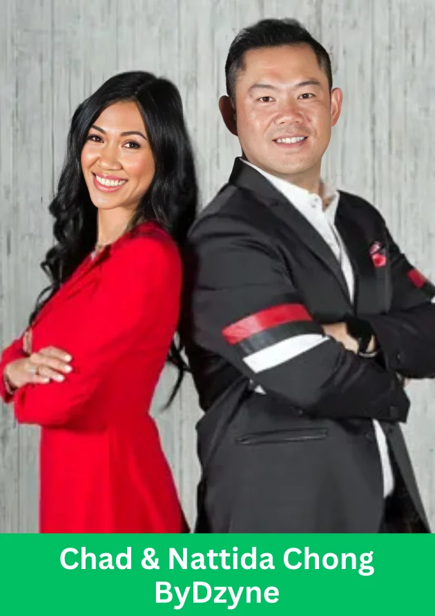 Chad and Nattida Chong, founders of ByDzyne, posing confidently in formal attire