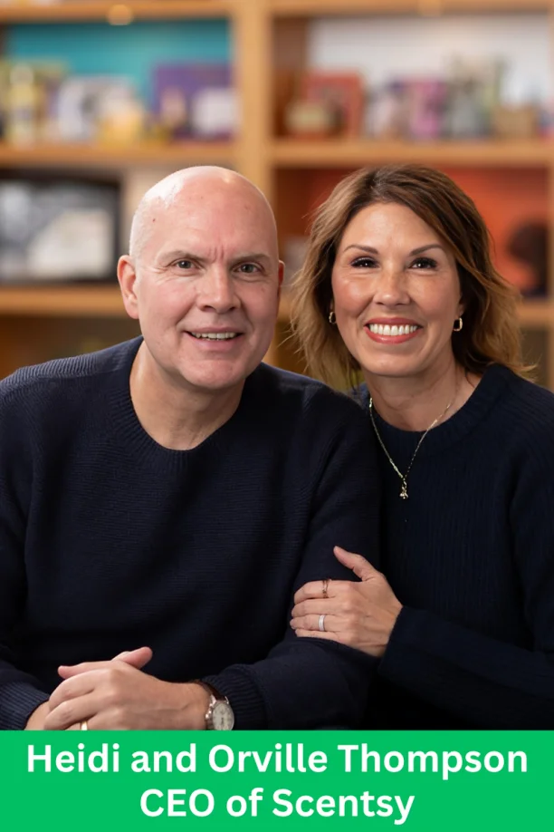 Heidi and Orville Thompson, the CEOs of Scentsy, smiling together in a professional portrait representing the family-driven leadership of the company.