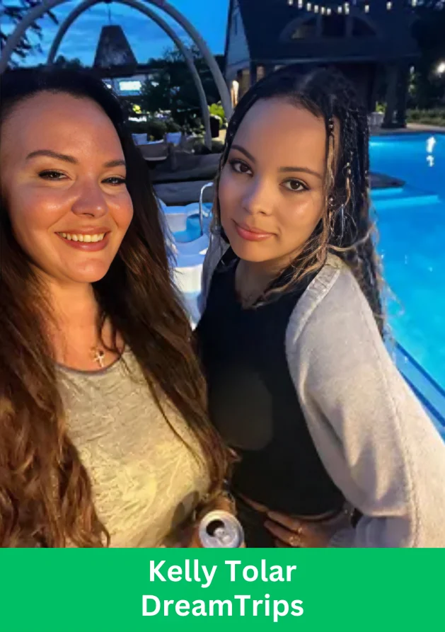 Kelly Tolar from DreamTrips enjoying an event by the pool during the company’s 2025 relaunch.