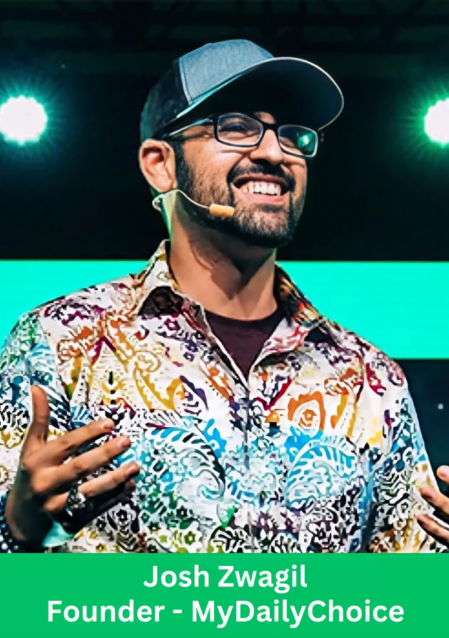 Josh Zwagil, founder of MyDailyChoice, delivering an inspiring talk on entrepreneurship and leadership at a company event.