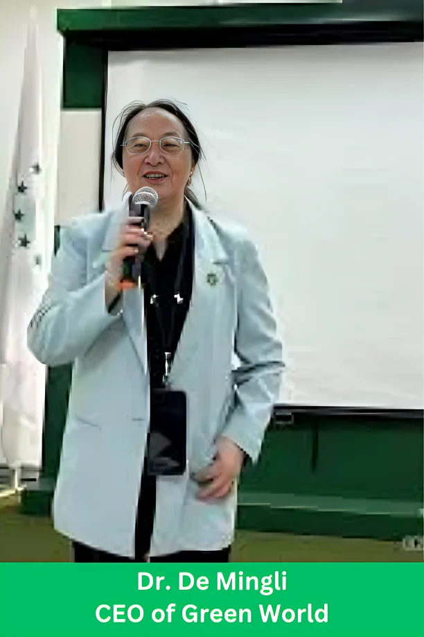 Dr De Mingli Green World CEO speaking at company event highlighting leadership and wellness vision