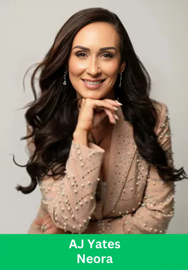 AJ Yates smiling in a professional outfit representing her Neora success journey