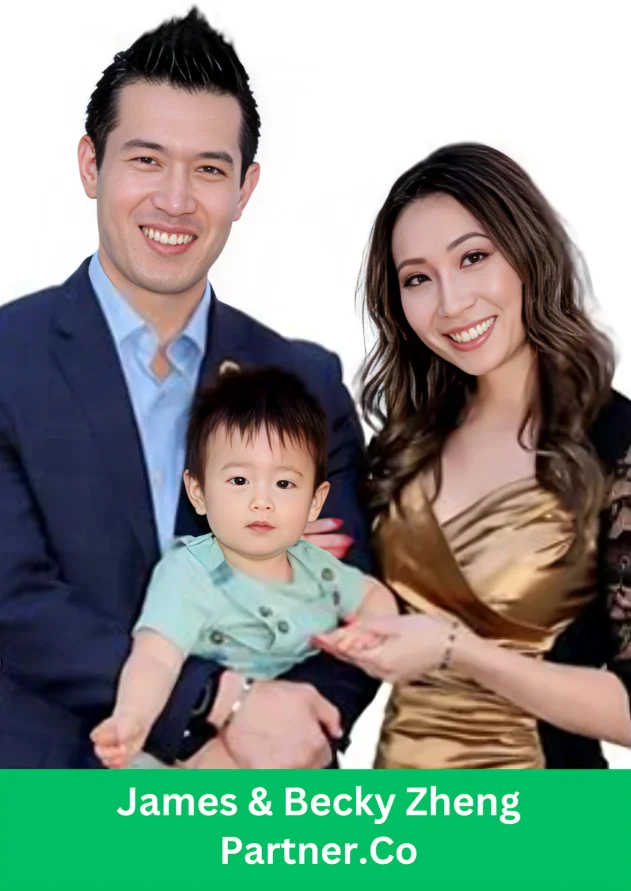 James and Becky Zheng of Partner.Co posing with their child, representing family leadership in the direct selling business.