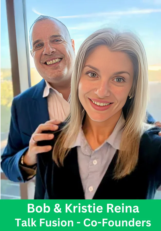 Bob and Kristie Reina, co-founders of Talk Fusion, posing together in a professional setting