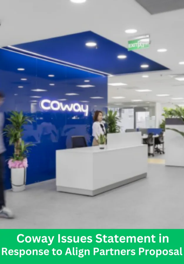 Coway office reception area with illuminated company logo during shareholder proposal response announcement