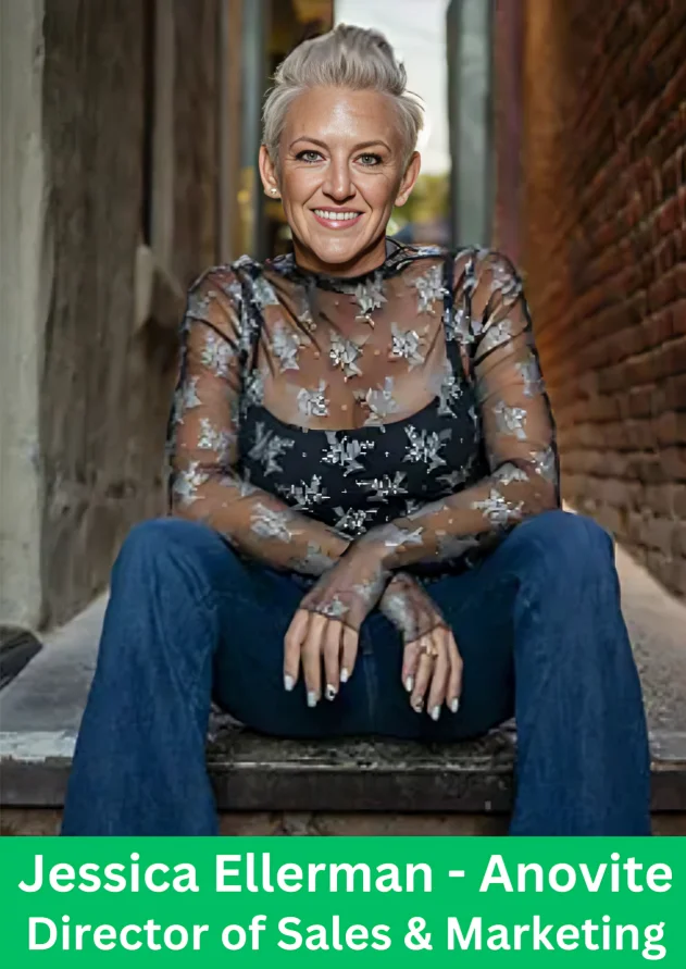 Jessica Ellerman, Anovite Director of Sales & Marketing, sitting confidently in an urban setting
