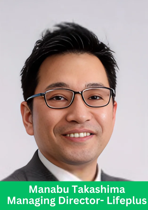 Manabu, Managing Director of Lifeplus, professional portrait with Tokyo city skyline background