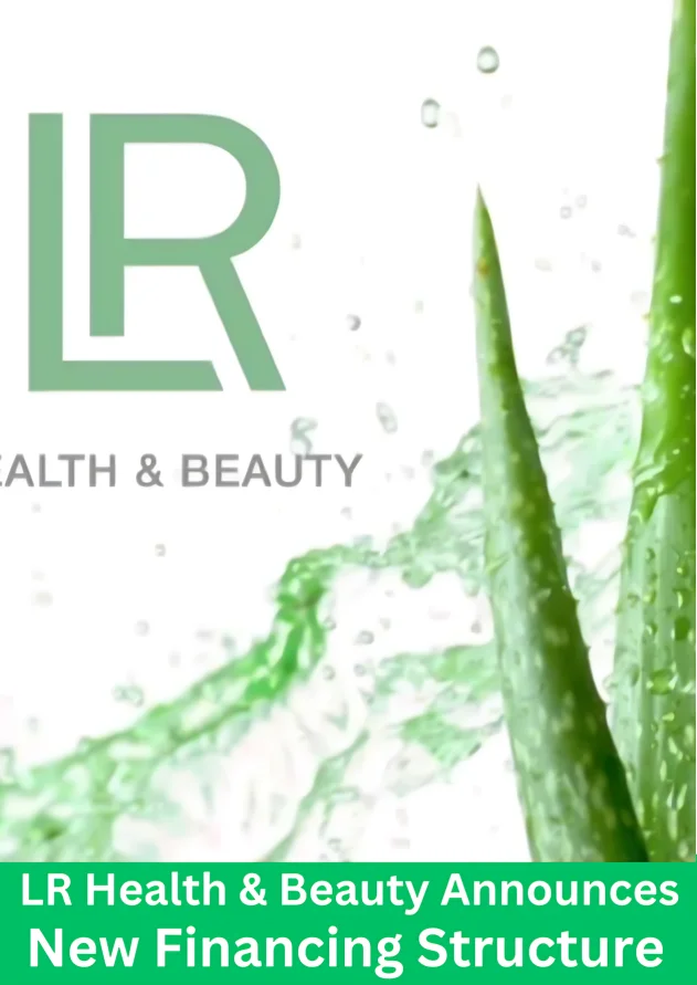 LR Health and Beauty logo with aloe vera splash background announcing new financing structure