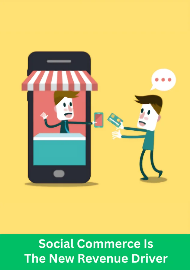 Illustration of social commerce with a customer purchasing products via social platforms. Social commerce is revolutionizing online retail sales.