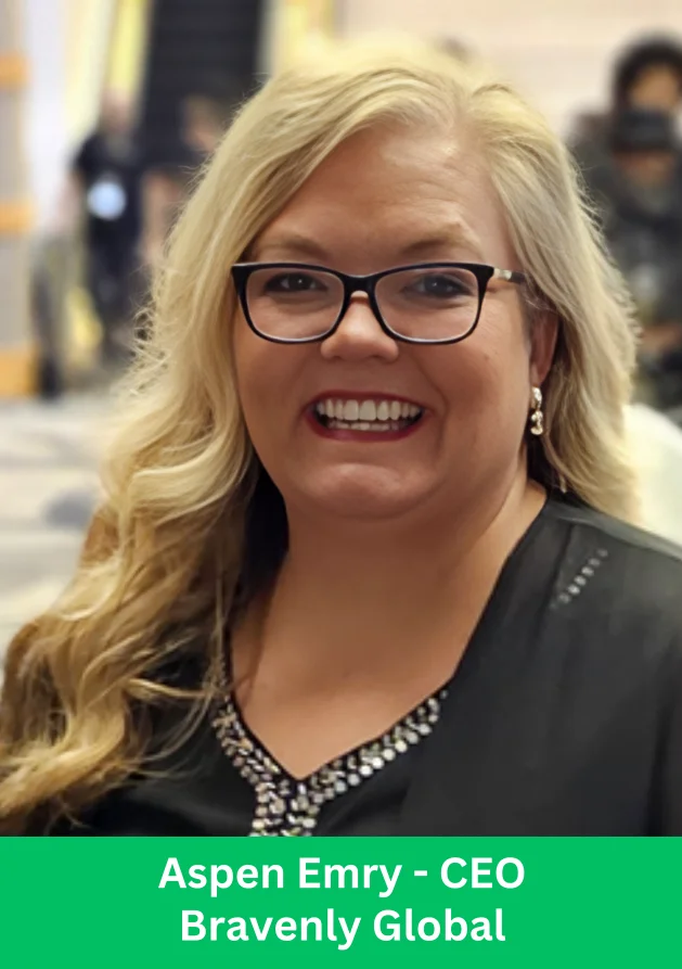 Aspen Emry CEO of Bravenly Global smiling professional portrait with glasses