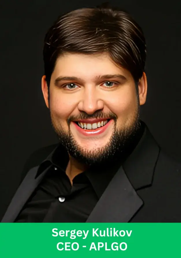 Sergey Kulikov APLGO CEO smiling professional portrait black background