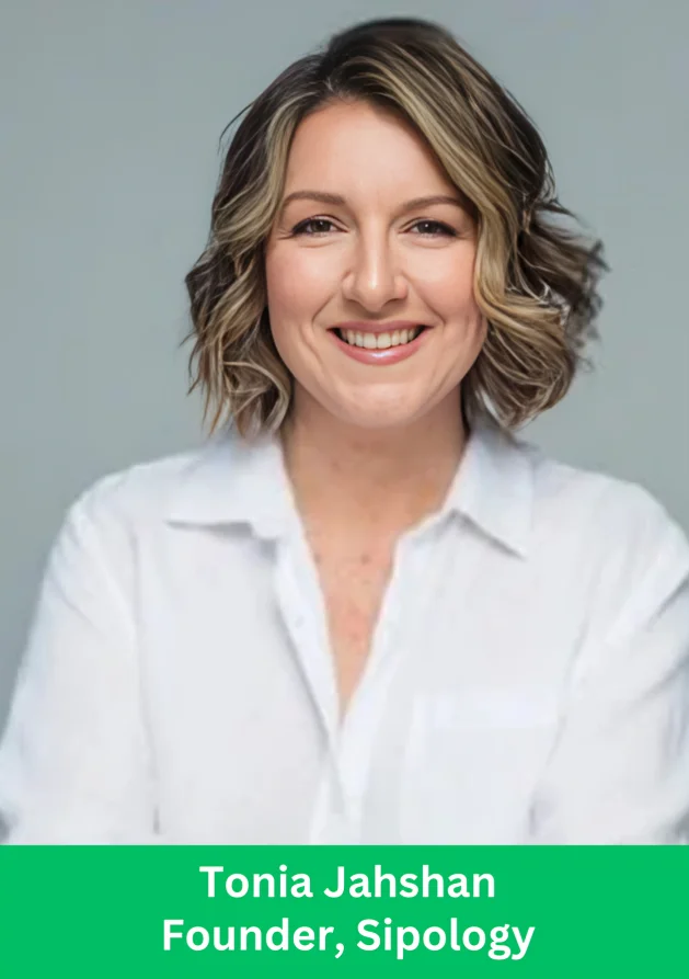 Portrait of Tonia Jahshan, Founder of Sipology, smiling in a white shirt.