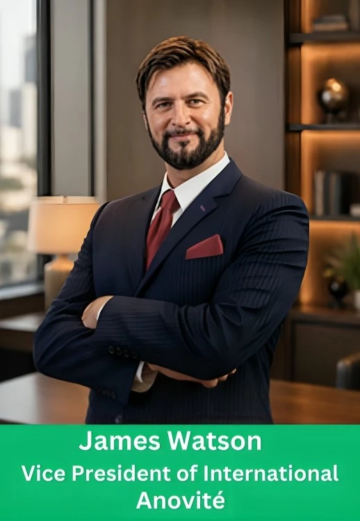 Professional portrait of James Watson, Vice President of International at Anovite, in a navy blue suit with a red tie.