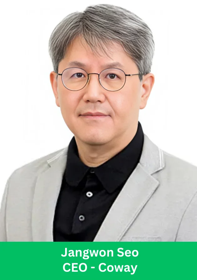 Professional portrait of Jangwon Seo, CEO of Coway, wearing glasses and blazer on white background