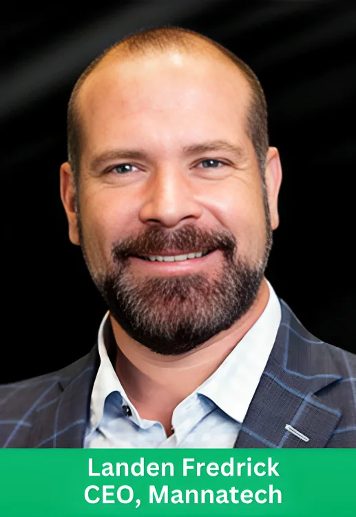 Landen Fredrick, the CEO of Mannatech, smiling in a checkered blazer with a dark background.