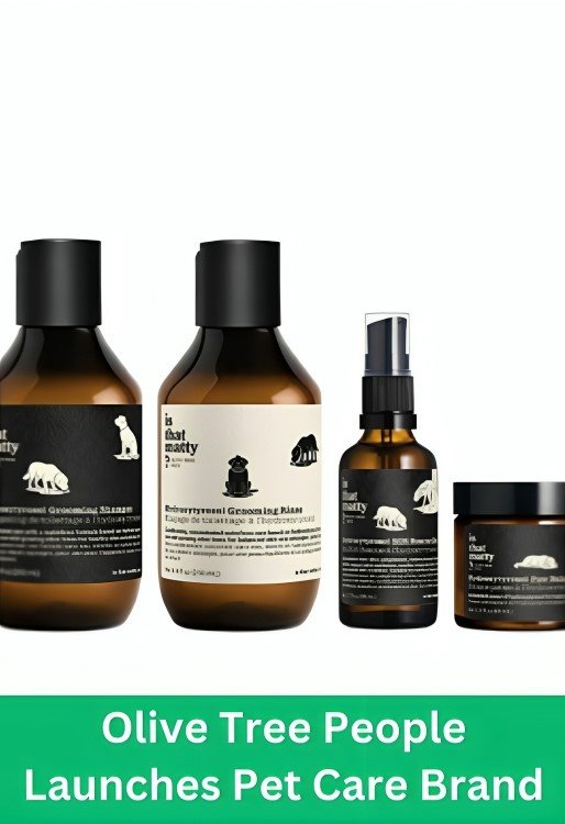 Four bottles of Is That Matty pet care products from Olive Tree People. Includes an image of a dog and text on a green banner that says, 'Olive Tree People Launches Pet Care Brand'. The overall look is clean and professional.