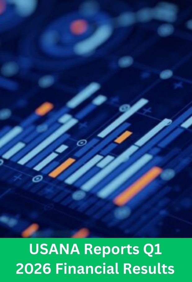 Digital dashboard showing financial growth charts and stock market data for USANA Q1 2026 results.