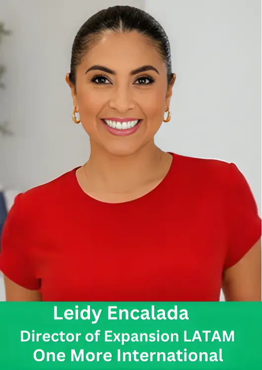 Professional headshot of Leidy Encalada, Director of Expansion LATAM for One More International, smiling warmly and wearing a red top with gold earrings.