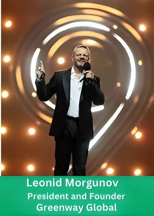 Leonid Morgunov, President and Founder of Greenway Global, speaking on stage with microphone
