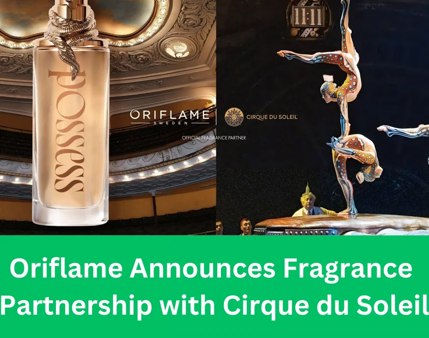 Oriflame Possess fragrance bottle with Cirque du Soleil acrobats performing, announcing official fragrance partnership between Oriflame Sweden and Cirque du Soleil