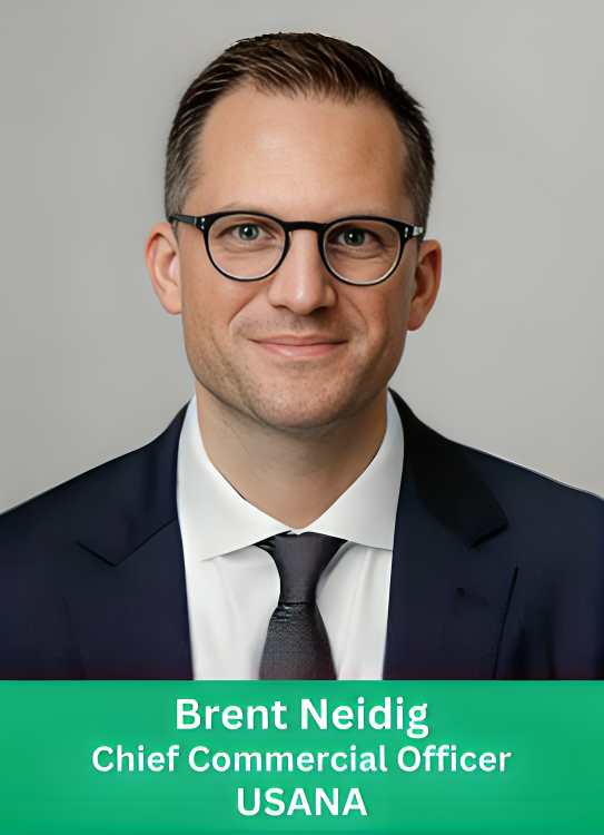Professional headshot of Brent Neidig, Chief Commercial Officer at USANA, wearing a navy suit, white shirt, and dark tie.