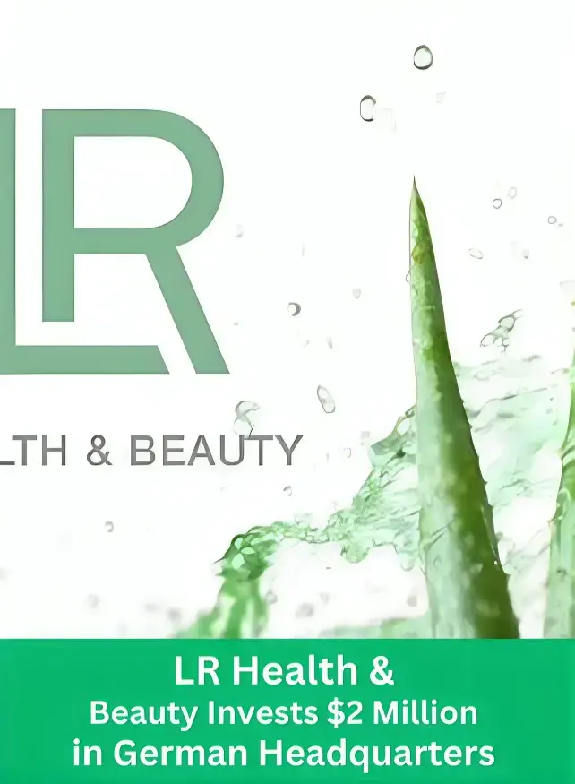 LR Health & Beauty invests $2 million in new German headquarters. Fresh aloe vera plant with water splash representing natural health and beauty products.