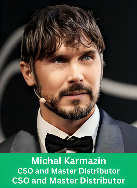A portrait of Michal Karmazin, labeled as CSO and Master Distributor, wearing a tuxedo with a headset microphone, often referenced in multi-level marketing platform reviews