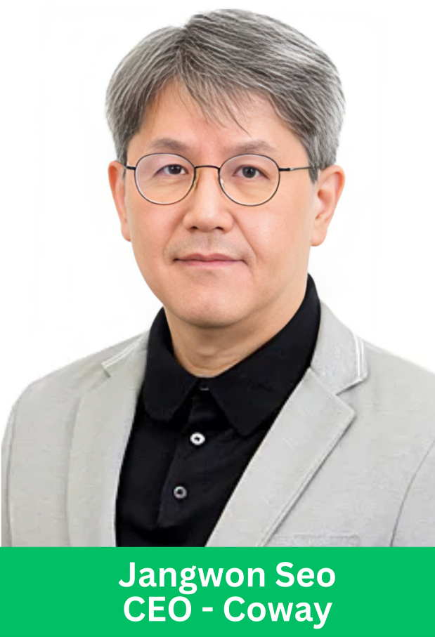 Professional corporate headshot of Jangwon Seo, CEO of Coway, wearing round glasses and a grey suit, with a green text banner at the bottom.