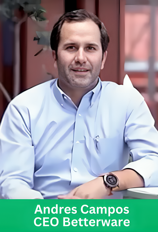 Professional corporate portrait of Andres Campos, CEO of Betterware, wearing a light blue button-down shirt and a smartwatch, with a green banner at the bottom displaying his name and title.